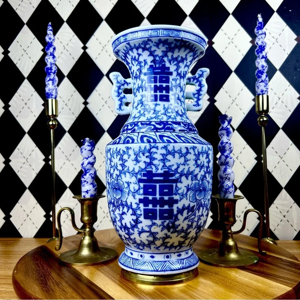 Blue White Porcelain‎ Double Happiness Vase Chinoiserie 13in Vintage Decor